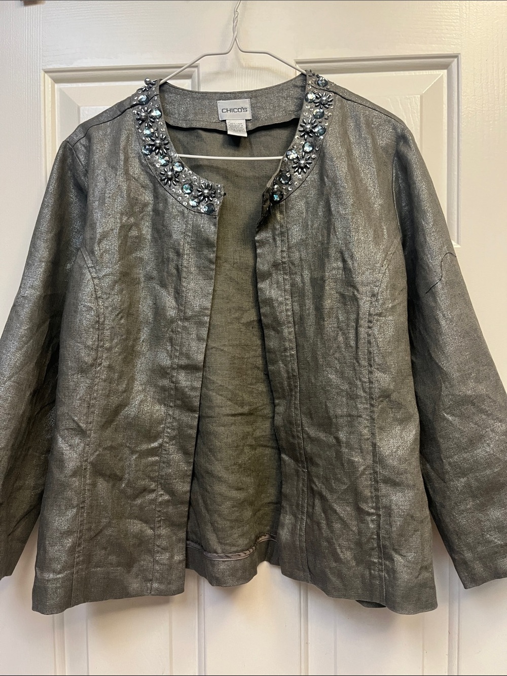 Chico's Silver Metallic I Embellished 100% linen Jacket S